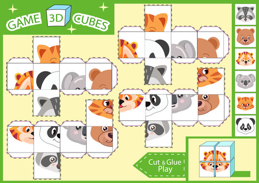 Kids paper craft. 3 d Cubes puzzle. Cut and glue cube with cute animals characters. Children activities game. Find matching parts picture. Kids activity page for book. Vector illustration.
