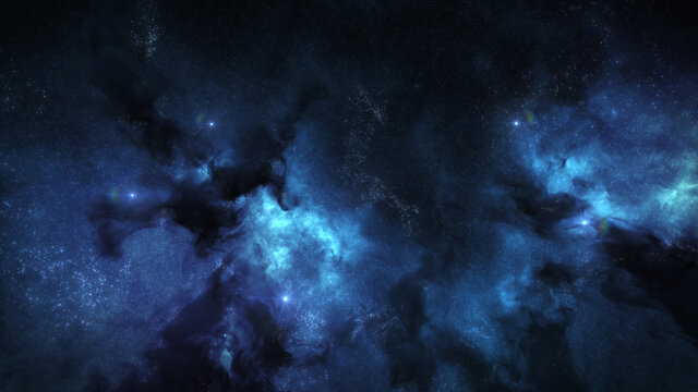 Blue Galaxy Background, with Stars and Nebula Clouds. Outer Space Astronomy image showing a dramatic view of the Cosmos. 3D render