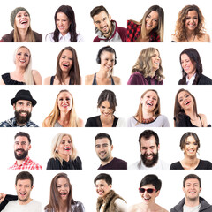 Laughing people faces. Set of different happy people laugh expressions portraits isolated on white background. 