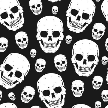 Skull vector seamless pattern on a black background for wallpaper, wrapping, packing, and backdrop.