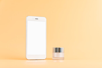 Mock up of the smartphone screen, Application of cosmetics online. serum bottle, mockup of beauty product brand.