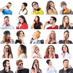 Collection of various happy people in different style clothes talking on the phone close up portraits isolated on white background. 