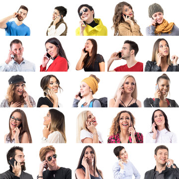 Collection Of Various Happy People In Different Style Clothes Talking On The Phone Close Up Portraits Isolated On White Background. 