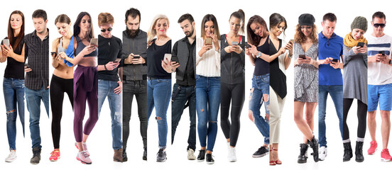 Fototapeta na wymiar Collage of different happy casual people using cell phone full body isolated on white background.