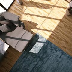 Top View of Modern Living Room with Wooden Floors, Cozy Sofa, Blue Carpet and Sun Light Getting Through the Windows.