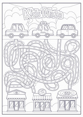 Obraz premium Children maze and coloring with cars and shops. Kids labyrinth game and activity page. Find the right path. Funny riddle. Education art worksheet. Vector illustration.