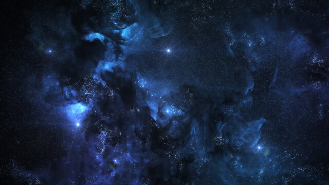 Blue Galaxy Background, with Stars and Nebula Clouds. Outer Space Astronomy image showing a dramatic view of the Cosmos. 3D render