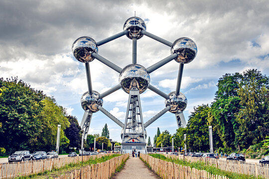 Brussels, Belgium - July 20, 2020: Atomium is a 102 meter tall iron atom model, originally constructed for Expo '58.