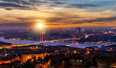 The Bosphorus bridge in Istanbul at sunset, Turkey