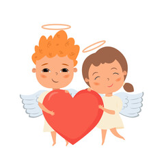 Cute baby angels flat vector illustrations. Cute cupid characters with hearts. Happy Valentine's day. Adorable cartoon little children with wings. Angelic beings isolated on white background.