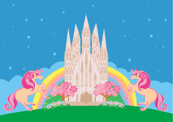 Cute unicorns and fairy-tale princess castle