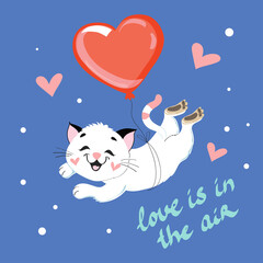 Fototapeta premium Valentine cat flies in a heart-shaped balloon on a blue background. Lettering Love is in the air