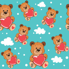 Cute teddy bear holding a heart. Valentine's concept. Vector cartoon illustration of funny animals seamless pattern
