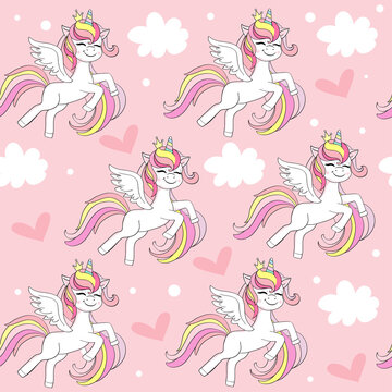 Cute unicorn and clouds seamless pattern on a pink background. Vector cartoon illustration