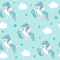 Cute unicorn with blue hair seamless pattern. Vector cartoon illustration isolated