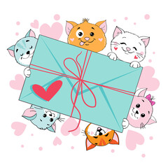 Cute valentine kittens are holding a love message. Valentine's Day card. Doodle cartoon love animals