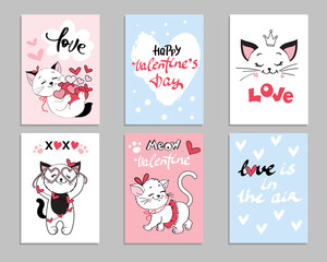 Fototapeta na wymiar Greeting cards with valentine cats. Vector cartoon illustration. Calligraphy lettering