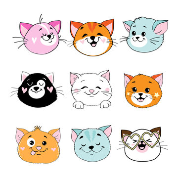 Heads of cats of different colors isolated. Vector cartoon illustration. Birthday template