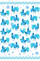 Kawaii blue roosters with wings in form of paisley isolated on white background. Beautiful seamless pattern in country style. Design elements.  Russian gzhel motifs.
