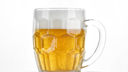 glass of beer with foam on white background