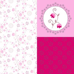 Beautiful collection of matching fabrics with tender pink flowers. .Print for T - shirt and  two seamless patterns with floral ornament and graceful butterflies.