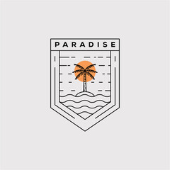 paradise line art logo vector illustration design. coconut tree minimalist badge icon. palm tree outline symbol