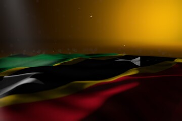 wonderful feast flag 3d illustration. - dark image of Saint Kitts and Nevis flag lying flat on yellow background with selective focus and free space for your text