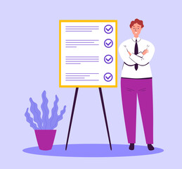 A businessman presents a new strategy of business development model to achieve exceptional results and goals. Flat design Illustration. Vector.
