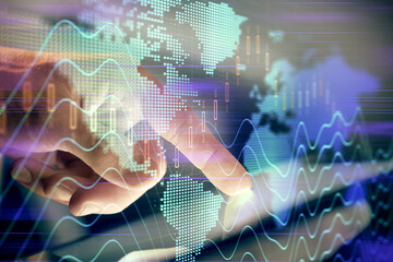 Multi exposure of man's hands holding and using a phone and financial chart drawing. Market analysis concept.