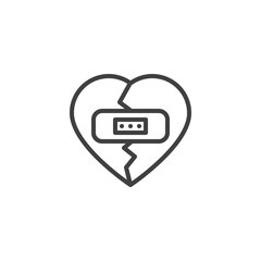 Broken heart with plaster line icon. linear style sign for mobile concept and web design. Heart with adhesive plaster outline vector icon. Symbol, logo illustration. Vector graphics
