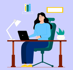 Fototapeta na wymiar Business woman lady in casual wear working on a computer at home. Flat style color modern vector illustration.