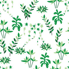 House Plant Foliage Green on White Vector Seamless Pattern