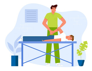 A physiotherapist doing a therapeutic massage to a patient lying on a table in a clinic. Flat design Illustration. Vector.