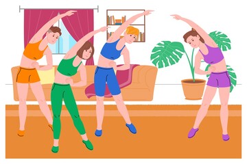 Group of young girls doing sports physical exercises, home workouts and fitness at home during quarantine and lead healthy lifestyle. Flat vector illustration. Women using the house as a gym.