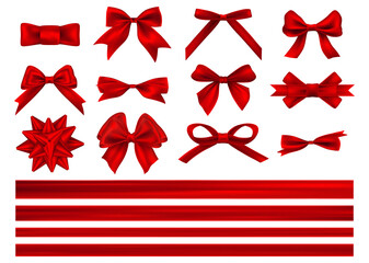 Big set of red gift bows with ribbons. Decorative red bow with horizontal red ribbon isolated on white.