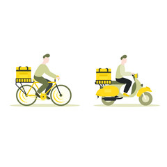 Vector illustration of delivery men on bicycle and motorbike.