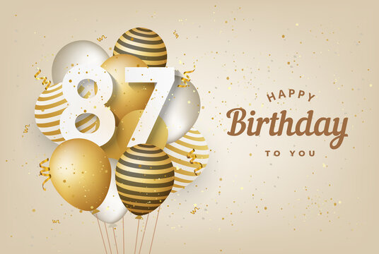 Happy 87th birthday with gold balloons greeting card background. 87 years anniversary. 87th celebrating with confetti. Vector stock	