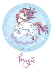 Cute cartoon unicorn vector illustration blue circle