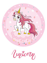 Cute cartoon unicorn vector illustration pink circle