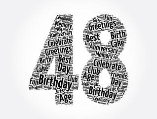 Happy 48th birthday word cloud, holiday concept background