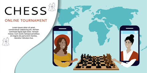 Concept of online chess tournament, online game. Women from smartphones play a strategy game on the background of the world map. Place for your text. Flat vector illustration