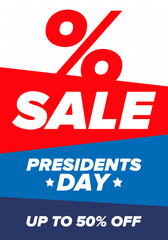 Sale banner for Presidents Day. Special offer template. Holiday shopping in United States. Super season deal. 50% off. Discount badge. Creative advertisement patriotic american poster