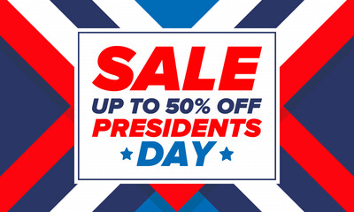Fototapeta na wymiar Sale banner for Presidents Day. Special offer template. Holiday shopping in United States. Super season deal. 50% off. Discount badge. Creative advertisement patriotic american poster