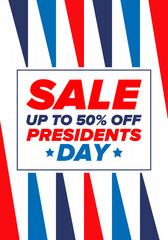 Sale banner for Presidents Day. Special offer template. Holiday shopping in United States. Super season deal. 50% off. Discount badge. Creative advertisement patriotic american poster