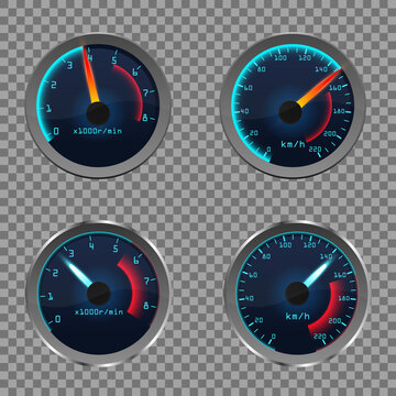 Set Of Isolated Dashboard Speedometers. Motorbike Or Motorcycle, Auto Or Automobile, Lorry Speed Measure Gauge. Odograph Or Odometer. Icon For Download Progress Display, Performance Indicator