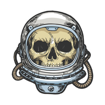 Human skull in astronaut helmet sketch engraving