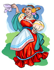 Slavic Russian girl dances on the green meadow. Wears traditional costume, holds handkerchief. Colorful vector illustration for custom design and print.