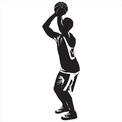 Professional basketball player silhouette shooting ball into the hoop, vector illustration