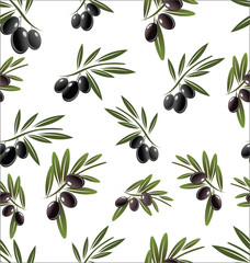 Seamless pattern with black olive tree branches on white background