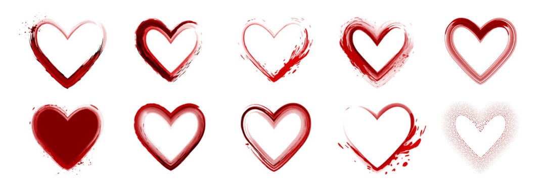 Set of watercolor red heart shape isolated on white background